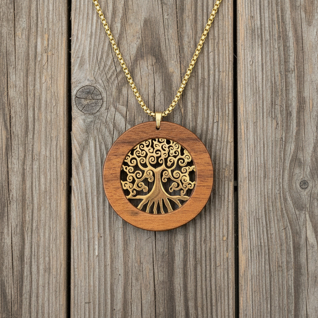 HALSKETTE  "LEBENSBAUM / NUSSBAUMHOLZ-GOLD "