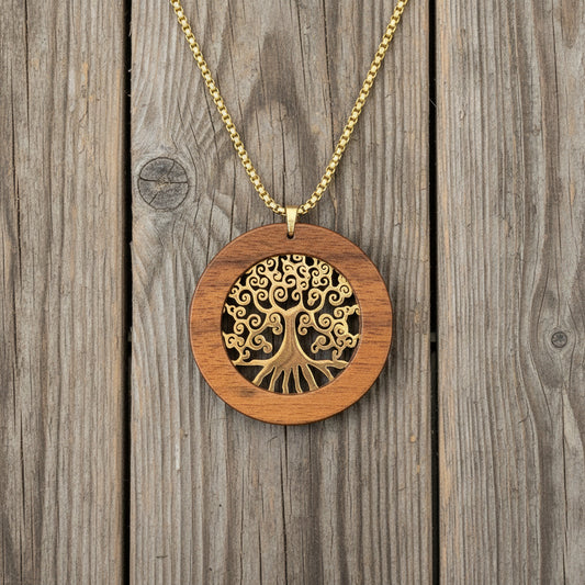 HALSKETTE  "LEBENSBAUM / NUSSBAUMHOLZ-GOLD "