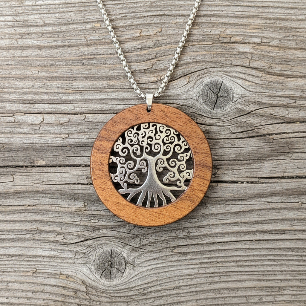 COLLIER "LEBENSBAUM / NUSSBAUMHOLZ-SILBER "