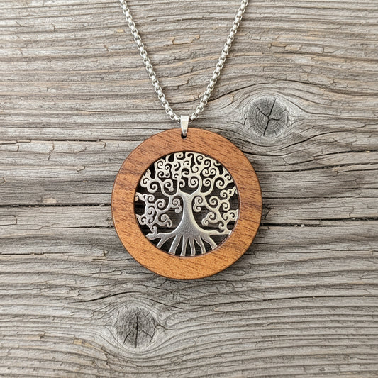 COLLIER "LEBENSBAUM / NUSSBAUMHOLZ-SILBER "