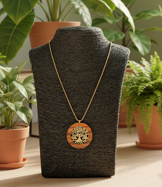 HALSKETTE  "LEBENSBAUM / NUSSBAUMHOLZ-GOLD "